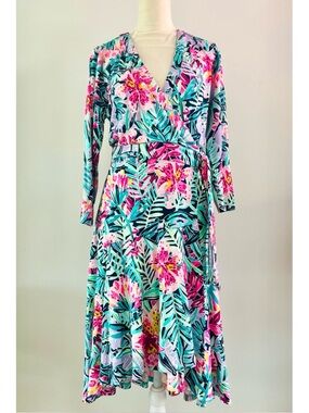 Lilly Pulitzer Floral Wrap Dress Bright Pink and Green 3/4” Sleeves-Small